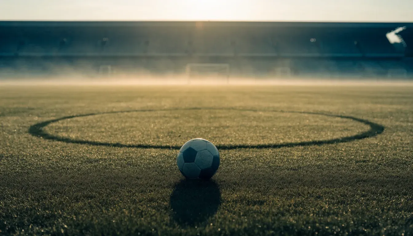Ein Fußball liegt auf dem Mittelkreis eines leeren Rasenplatzes am frühen Morgen, im Hintergrund eine ferne Tribüne im Dunst.