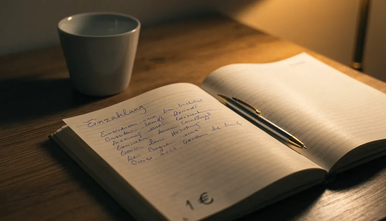 Ein Notizbuch mit handschriftlichen Notizen und ein Kugelschreiber liegen auf einem Schreibtisch neben einer Tasse, Blick schräg von oben.