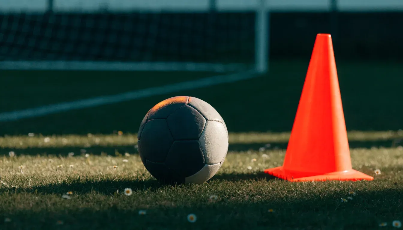 Ein Fußball liegt auf einem Trainingsplatz neben einem orangen Hütchen, Abendlicht fällt flach über den Rasen.