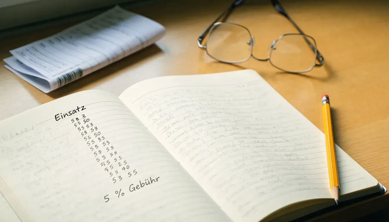 Ein aufgeschlagenes Notizbuch mit handschriftlichen Notizen liegt neben einem Bleistift auf einem Schreibtisch, daneben eine Brille.