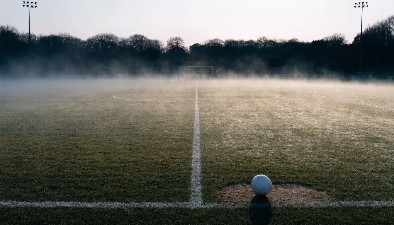 Ein leeres Fußballfeld im Morgennebel, die Mittellinie verliert sich im Dunst, kein Mensch ist zu sehen.