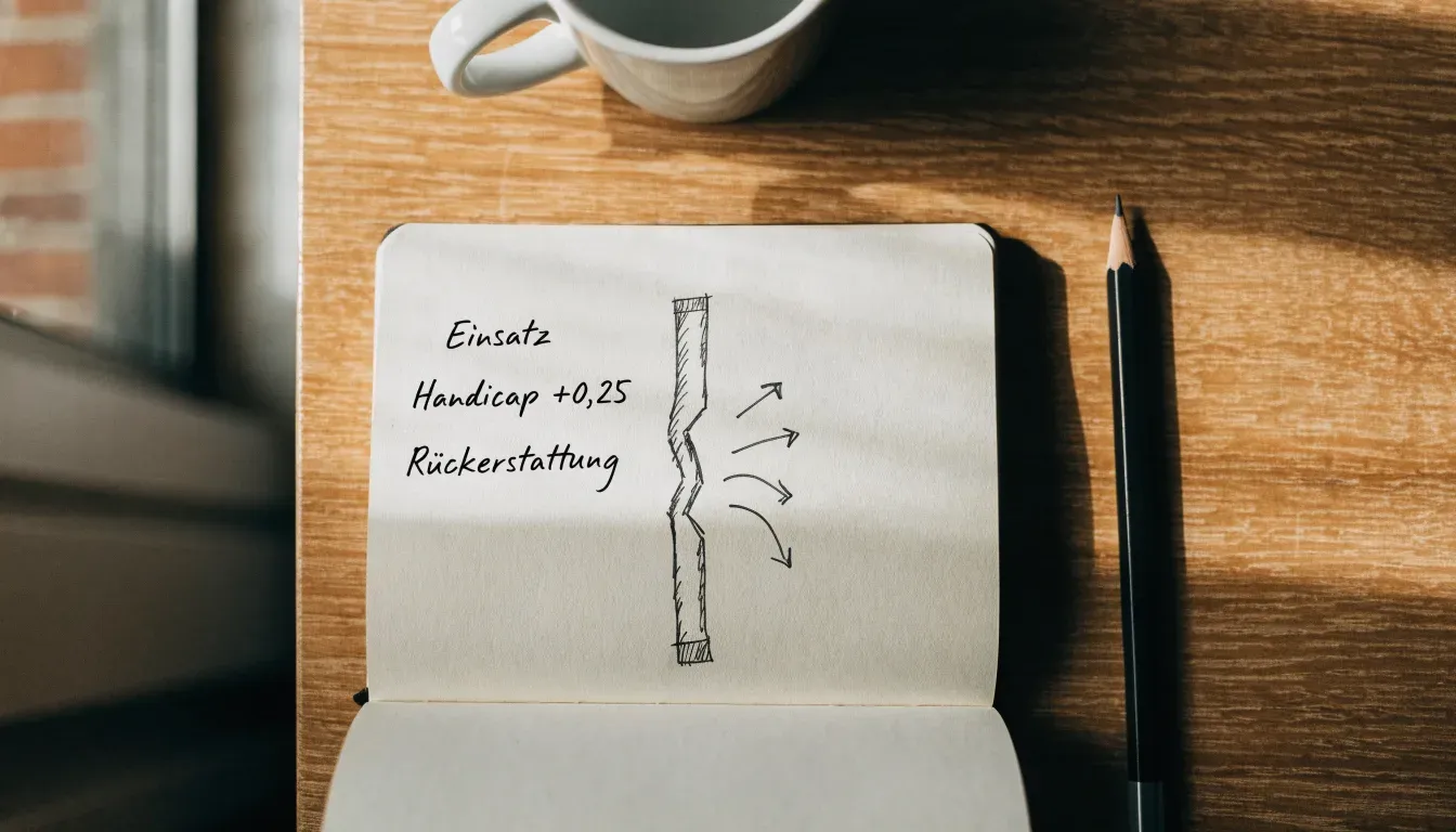 Ein aufgeschlagenes Notizbuch mit handschriftlichen Skizzen und Pfeilen liegt neben einem Bleistift auf einem Holztisch, Tageslicht fällt von der Seite.
