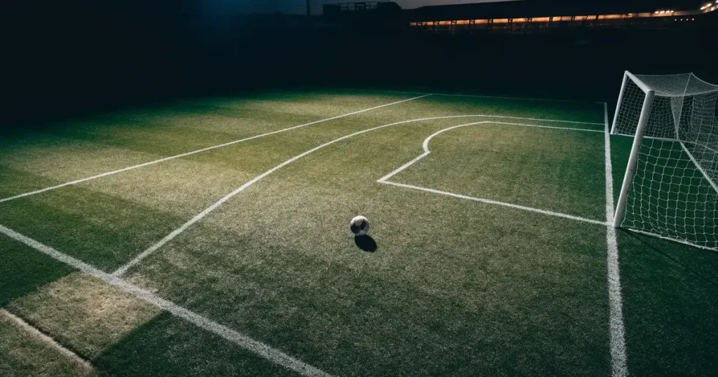 Ein Spielfeld aus der Vogelperspektive mit frisch gezogenen weißen Linien, ein einzelner Ball liegt im Strafraum, niemand ist zu sehen.
