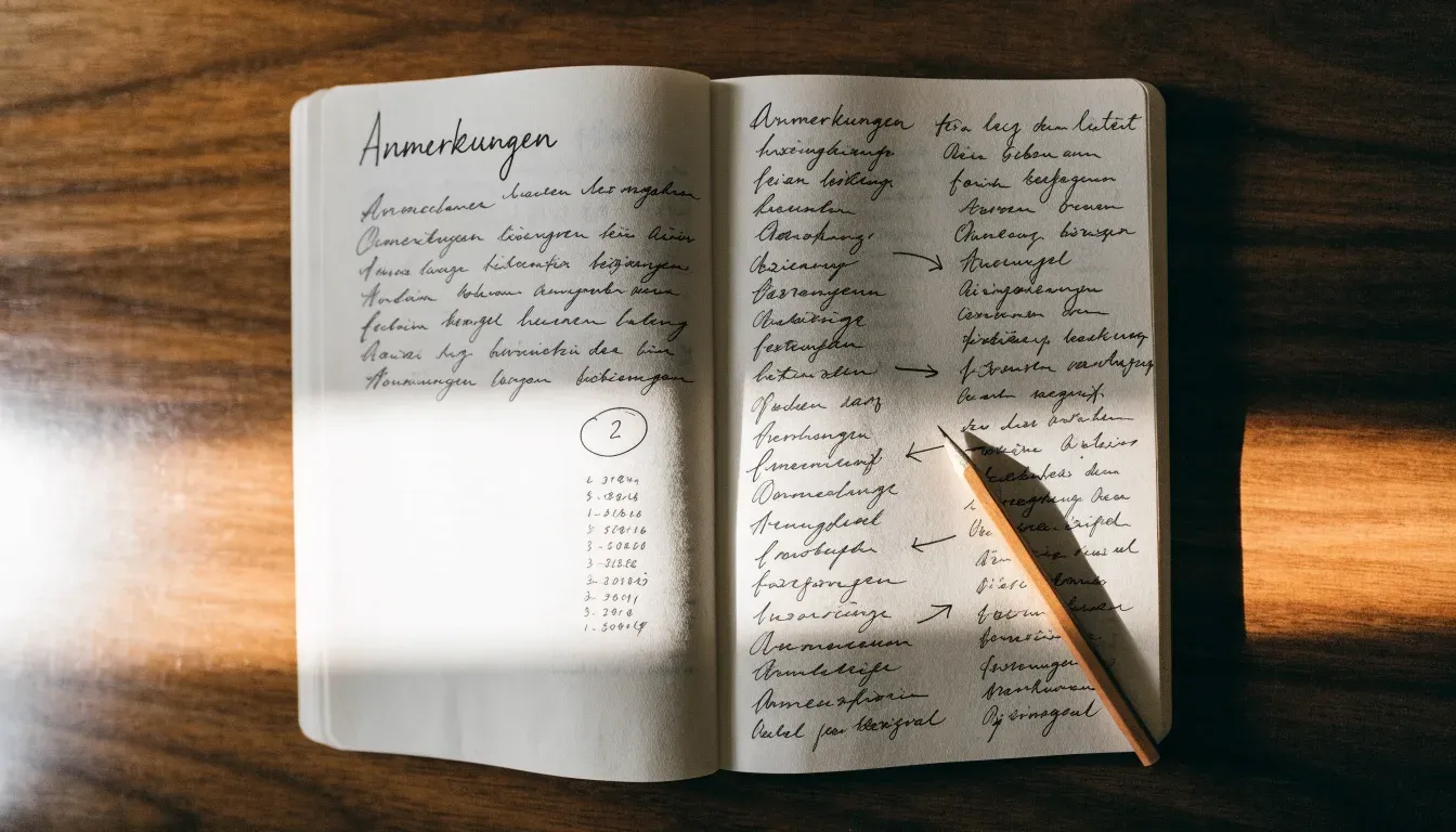 Ein aufgeschlagenes Notizbuch mit handschriftlichen Notizen und Pfeilen liegt neben einem Bleistift auf einem Holztisch, Tageslicht von links.