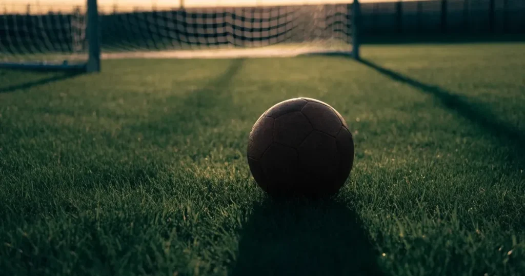 Ein Fußball liegt vor einem leeren Tor auf dem Rasen, das Netz hängt unbewegt, im Hintergrund ein verschwommener Zaun in warmem Abendlicht.