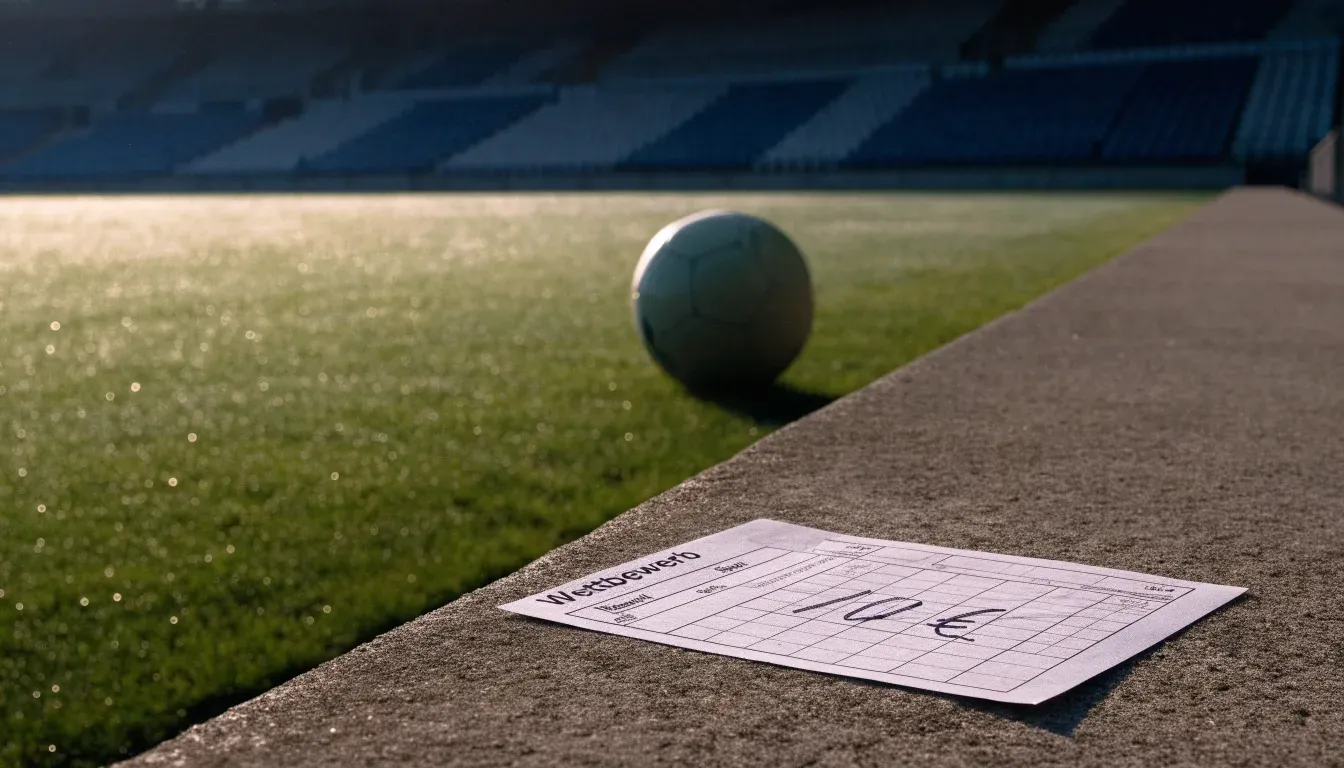 Ein Fußball liegt auf dem Rasen vor einer leeren Tribüne am frühen Morgen, Tau glänzt auf dem Gras.