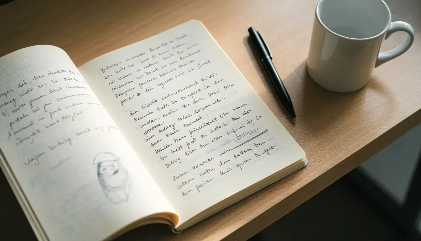 Ein Notizbuch mit handschriftlichen Notizen und ein Kugelschreiber liegen auf einem Schreibtisch neben einer Tasse, Blick schräg von oben.