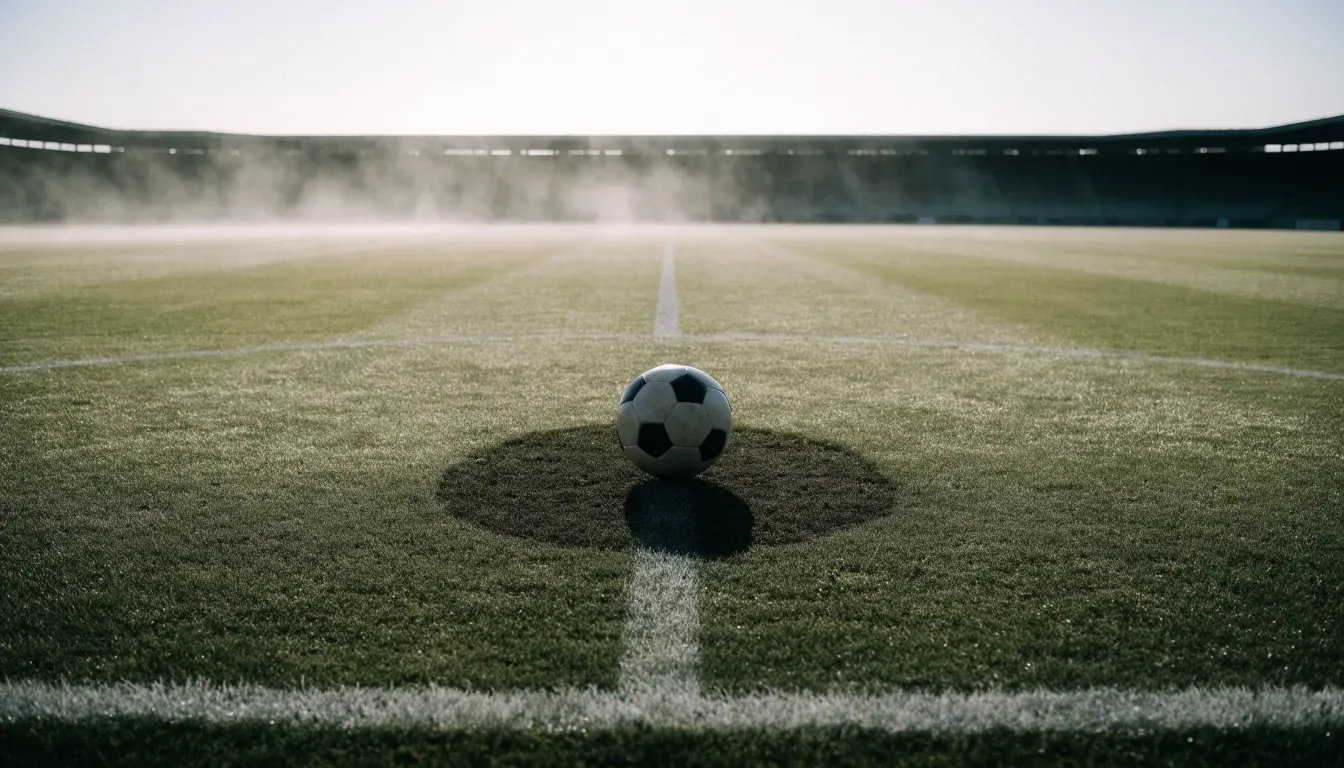 Ein Fußball liegt auf dem Anstoßpunkt eines leeren Rasenplatzes im Morgendunst, im Hintergrund eine ferne Tribüne.