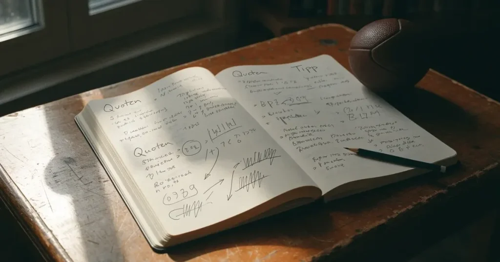 Ein Notizbuch mit handschriftlichen Notizen und kleinen Skizzen liegt aufgeschlagen neben einem Bleistift auf einem Schreibtisch, daneben ein Fußball.