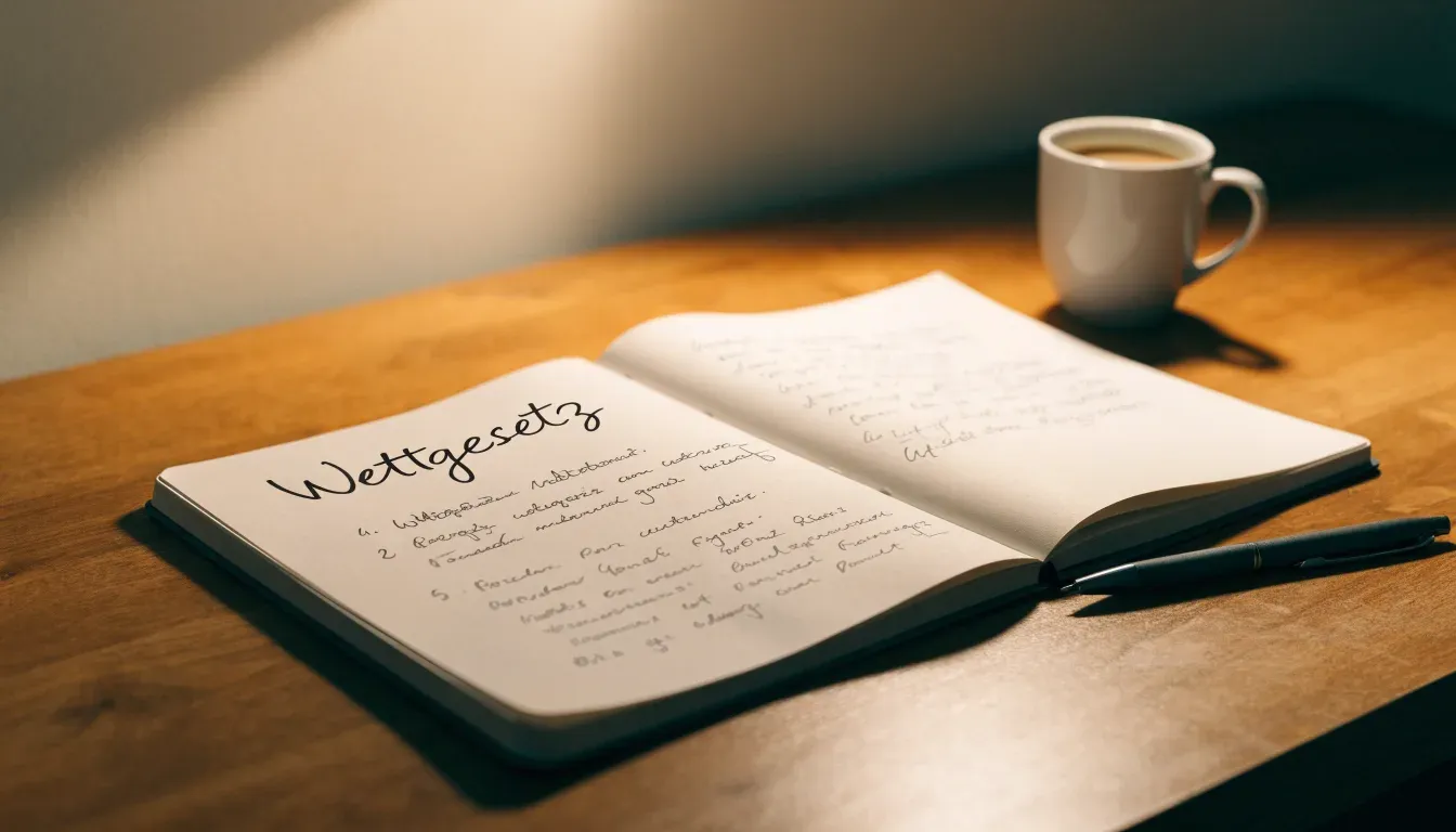 Ein Notizbuch mit handschriftlichen Notizen und ein Kugelschreiber liegen auf einem Schreibtisch neben einer Tasse, Blick schräg von oben.