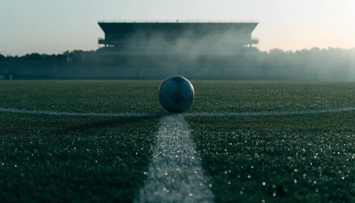 Ein Fußball liegt auf dem Mittelkreis eines leeren Rasenplatzes am frühen Morgen, im Hintergrund eine ferne Tribüne im Dunst.