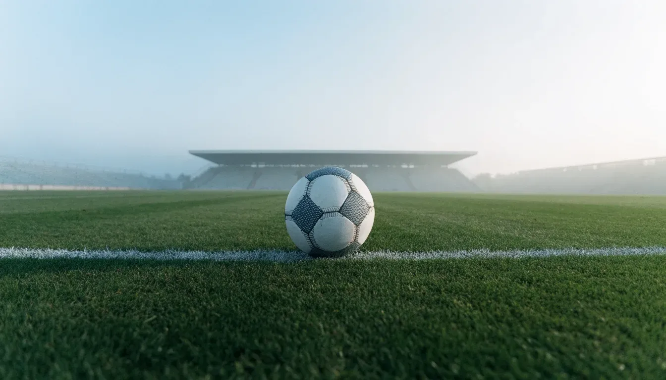 Ein Fußball liegt auf dem Mittelkreis eines leeren Rasenplatzes am frühen Morgen, im Hintergrund eine ferne Tribüne im Dunst.