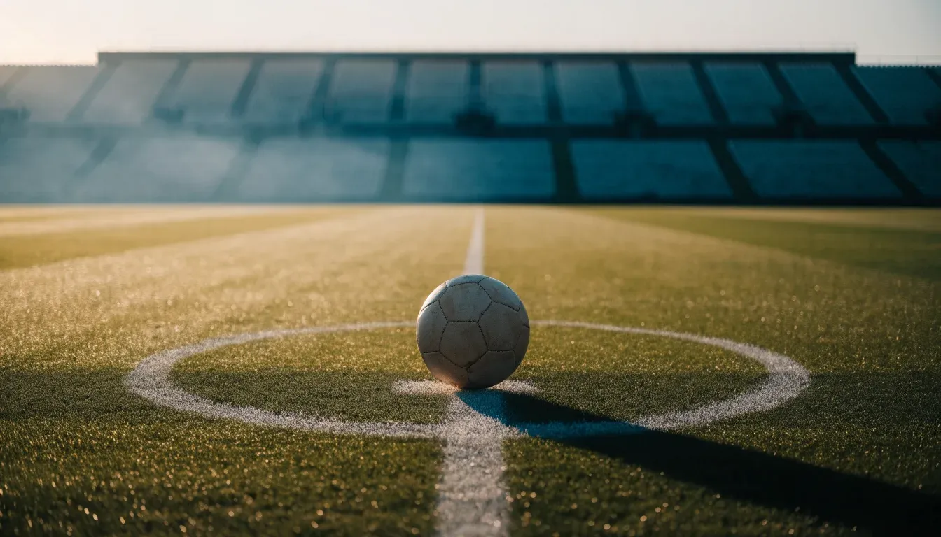 Ein Fußball liegt auf dem Mittelkreis eines leeren Rasenplatzes am frühen Morgen, im Hintergrund eine ferne Tribüne im Dunst.
