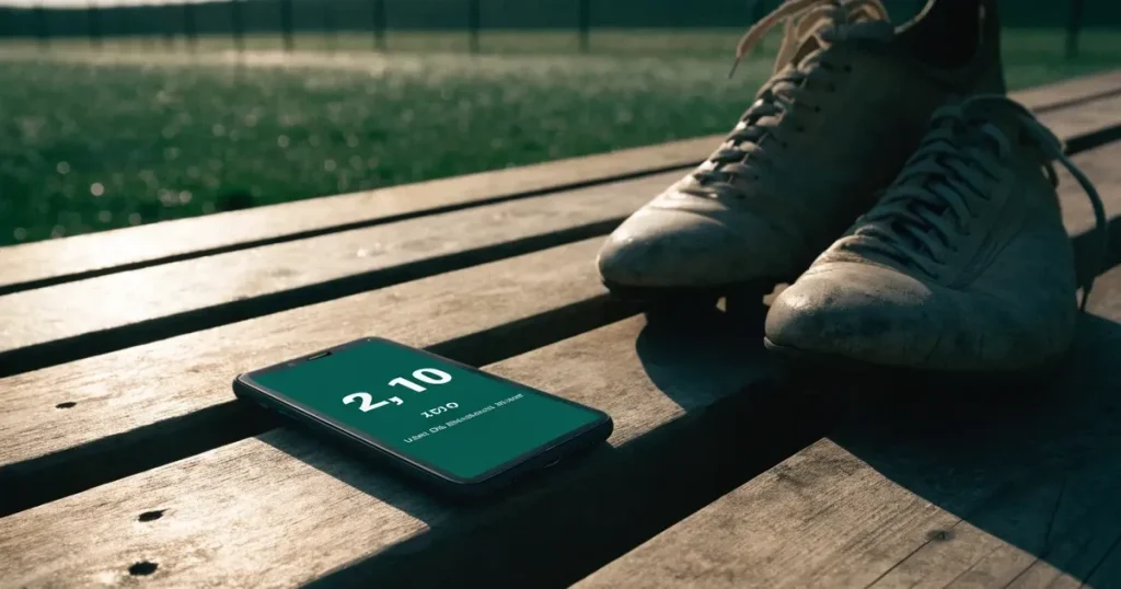 Ein Smartphone mit dunklem Display liegt auf einer Holzbank neben einem Paar Fußballschuhen, Morgenlicht fällt durch ein Fenster.