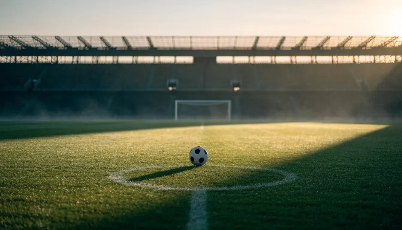Ein Fußball liegt auf dem Mittelkreis eines leeren Rasenplatzes am frühen Morgen, im Hintergrund eine ferne Tribüne im Dunst.