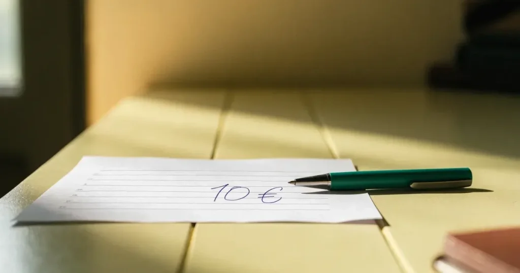 Ein leerer Papier-Wettschein ohne Aufdruck liegt neben einem Kugelschreiber auf einem hellen Tresen, weiches Seitenlicht.