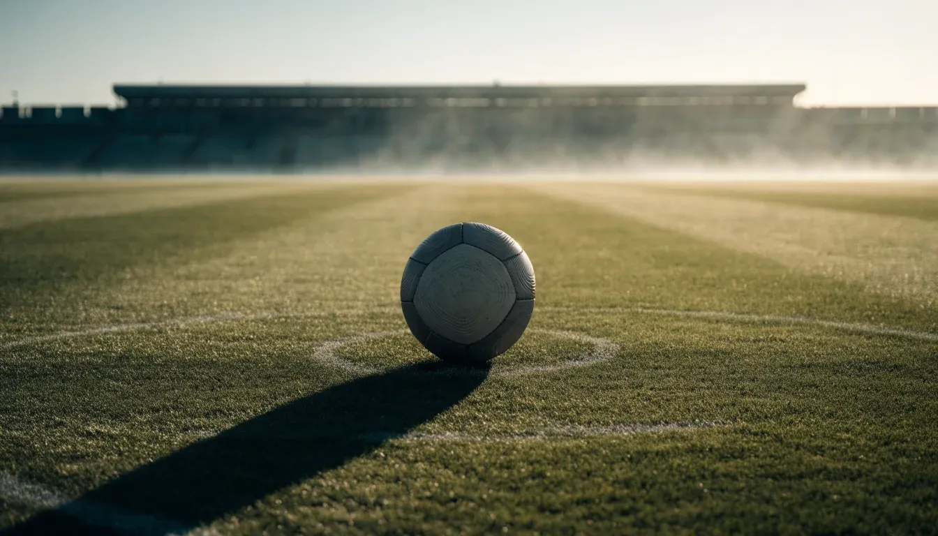 Ein Fußball liegt auf dem Mittelkreis eines leeren Rasenplatzes am frühen Morgen, im Hintergrund eine ferne Tribüne im Dunst.