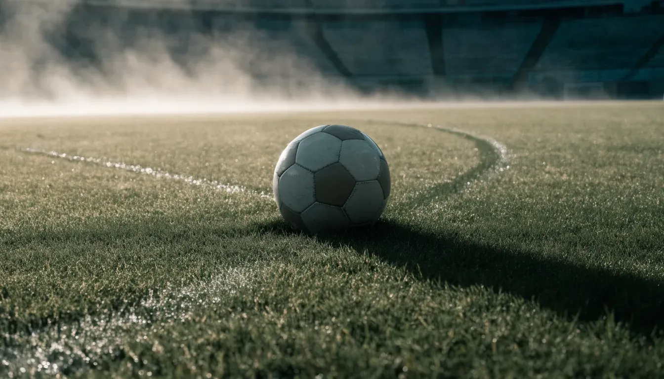 Ein Fußball liegt auf dem Anstoßpunkt eines leeren Rasenplatzes im Morgendunst, im Hintergrund eine ferne Tribüne.