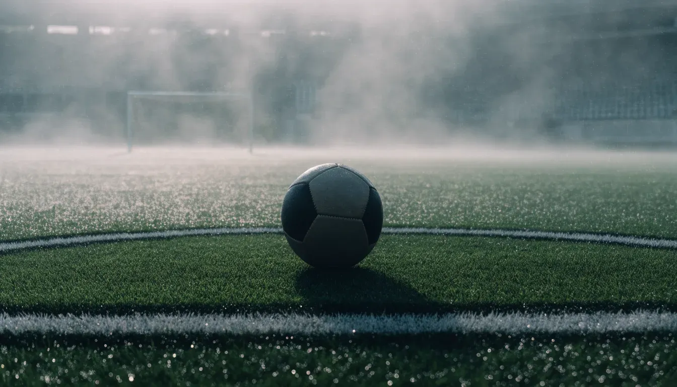 Ein Fußball liegt auf dem Anstoßpunkt eines leeren Rasenplatzes im Morgennebel, im Hintergrund verschwimmen die Tribünen.