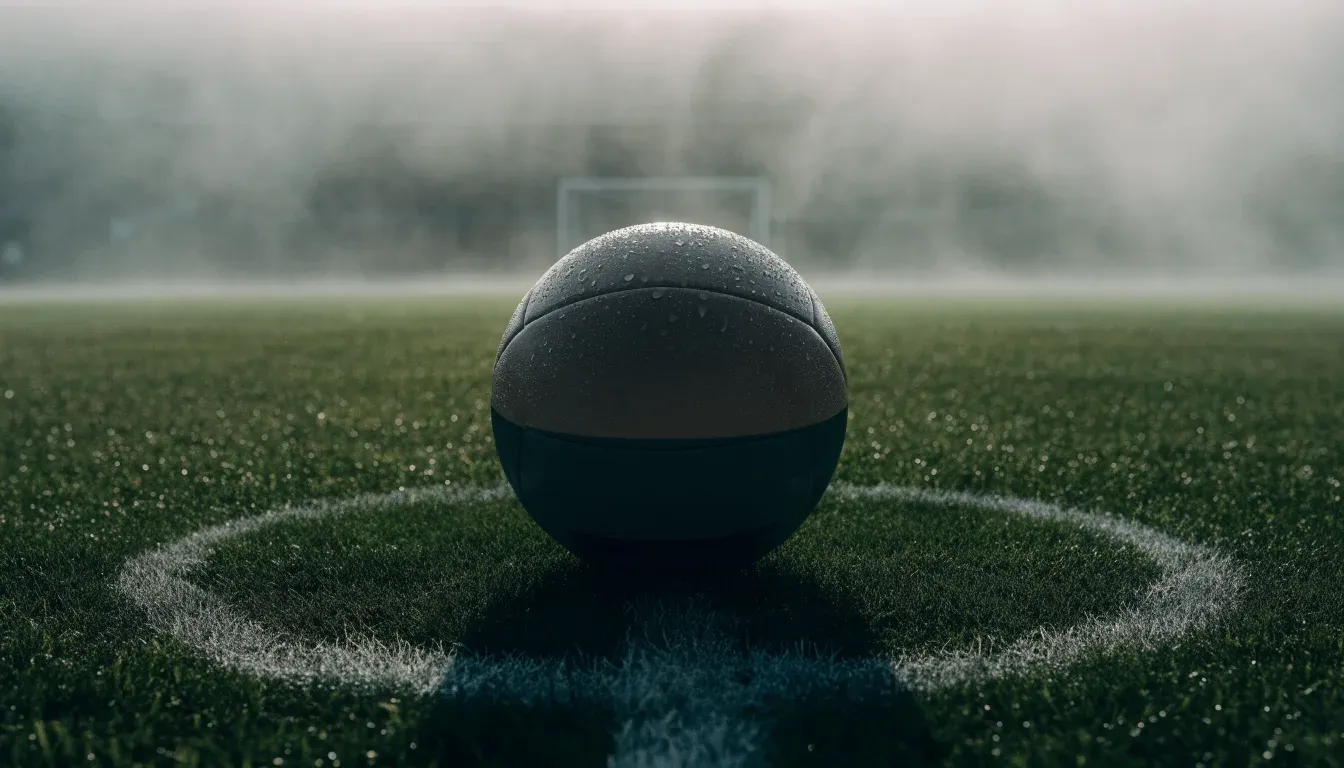 Ein Fußball liegt auf dem Anstoßpunkt eines leeren Rasenplatzes im Morgennebel.