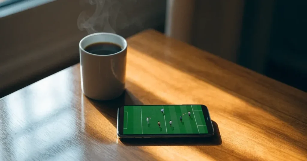 Ein Smartphone mit dunklem Display liegt auf einem Holztisch neben einer Kaffeetasse, Tageslicht fällt von der Seite ein.