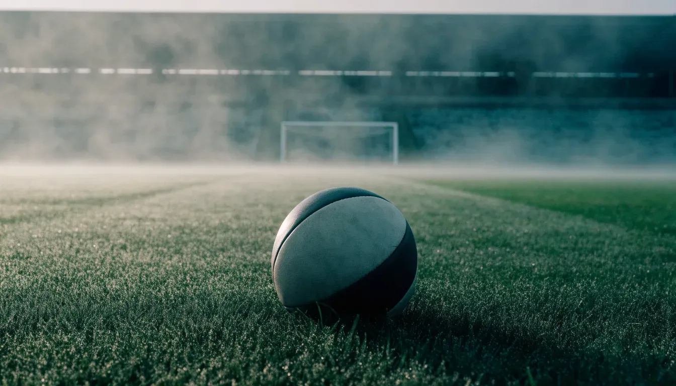 Ein Fußball liegt auf dem Rasen eines leeren Platzes im Morgennebel, im Hintergrund verschwimmen die Tribünen.