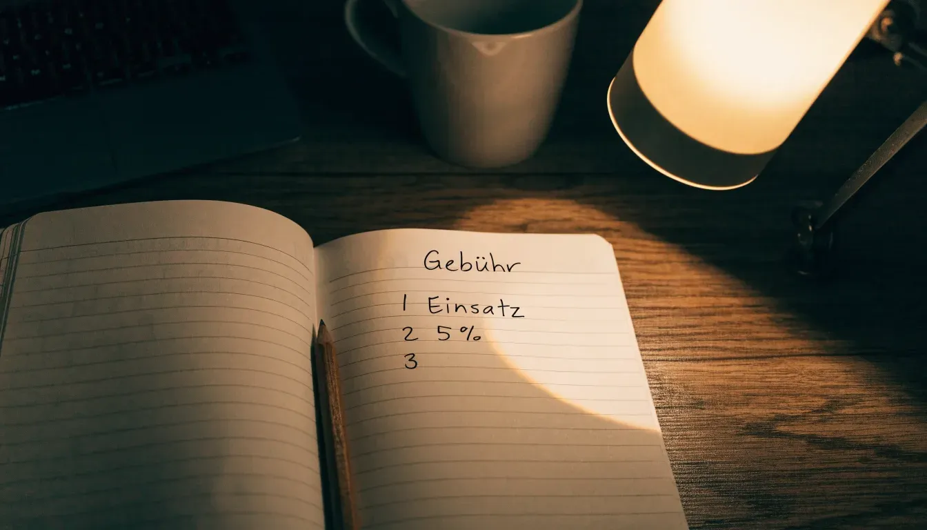 Ein aufgeschlagenes Notizbuch mit handschriftlichen Notizen und ein Bleistift liegen auf einem Schreibtisch im Licht einer Lampe.