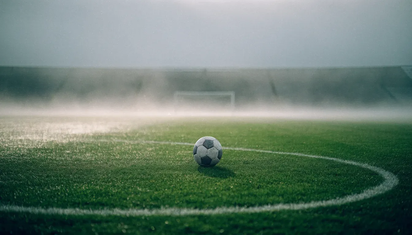 Ein Fußball liegt auf dem Anstoßpunkt eines leeren Rasenplatzes im Morgennebel.