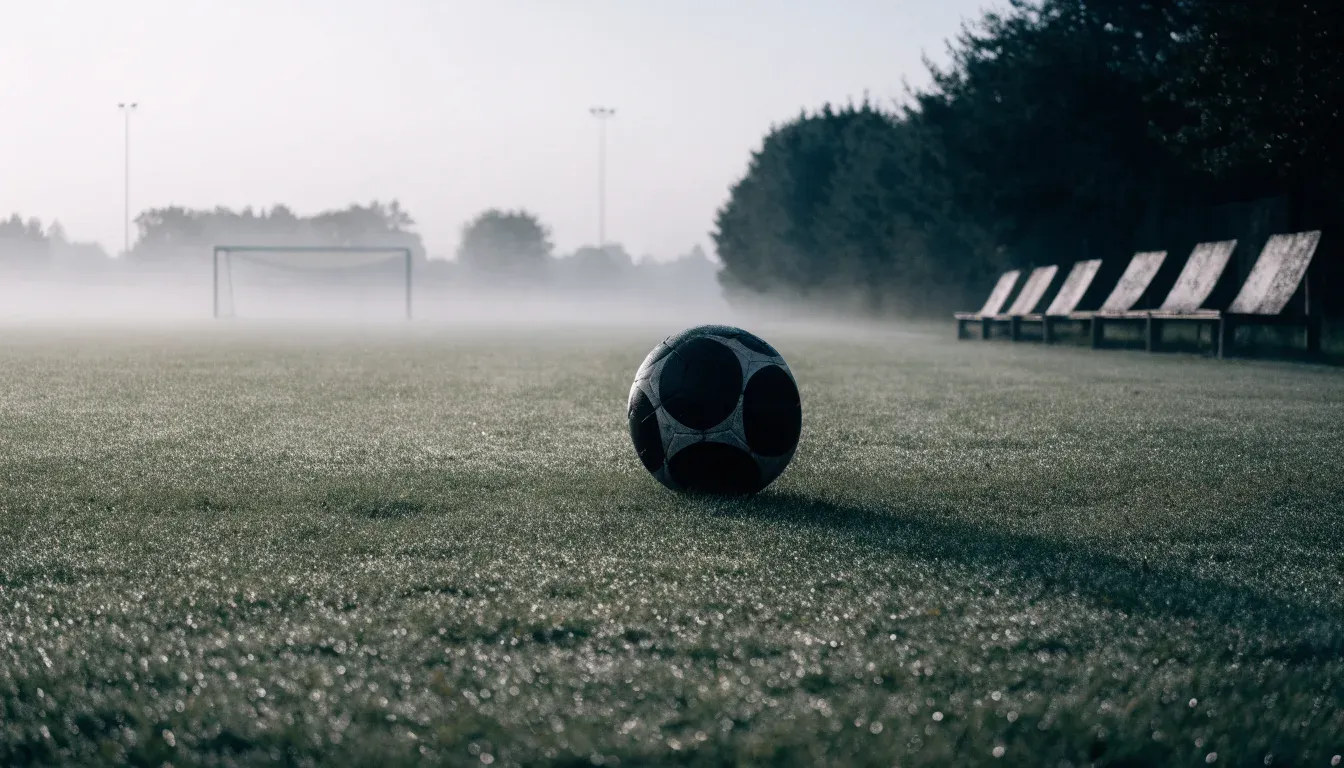 Ein Fußball liegt auf dem Rasen eines leeren Platzes im Morgennebel, am Rand stehen unbesetzte Ersatzbänke.