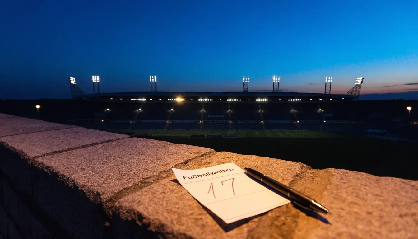 Ein Stadion unter Flutlicht aus großer Entfernung gesehen, der Himmel darüber ist tiefblau.