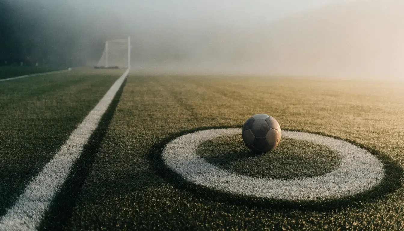 Ein Fußball liegt auf dem Anstoßpunkt eines leeren Rasenplatzes im Morgennebel.