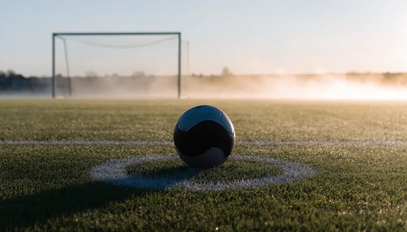 Ein Fußball liegt auf dem Anstoßpunkt eines leeren Rasenplatzes im Morgennebel.