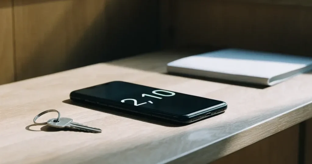 Ein Smartphone mit dunklem Display liegt auf einem hellen Tisch neben einem Schlüsselbund, Tageslicht fällt von der Seite ein.