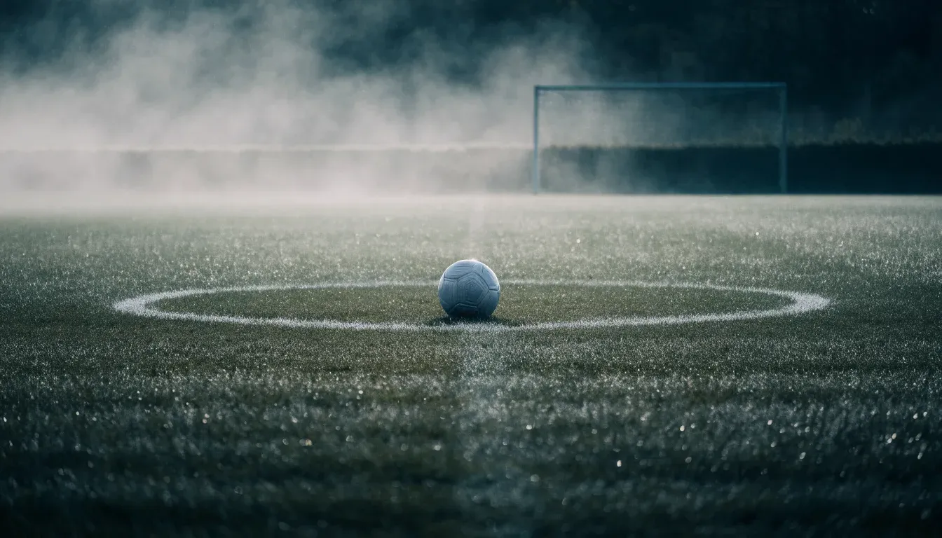 Ein Fußball liegt auf dem Anstoßpunkt eines leeren Rasenplatzes im Morgennebel.