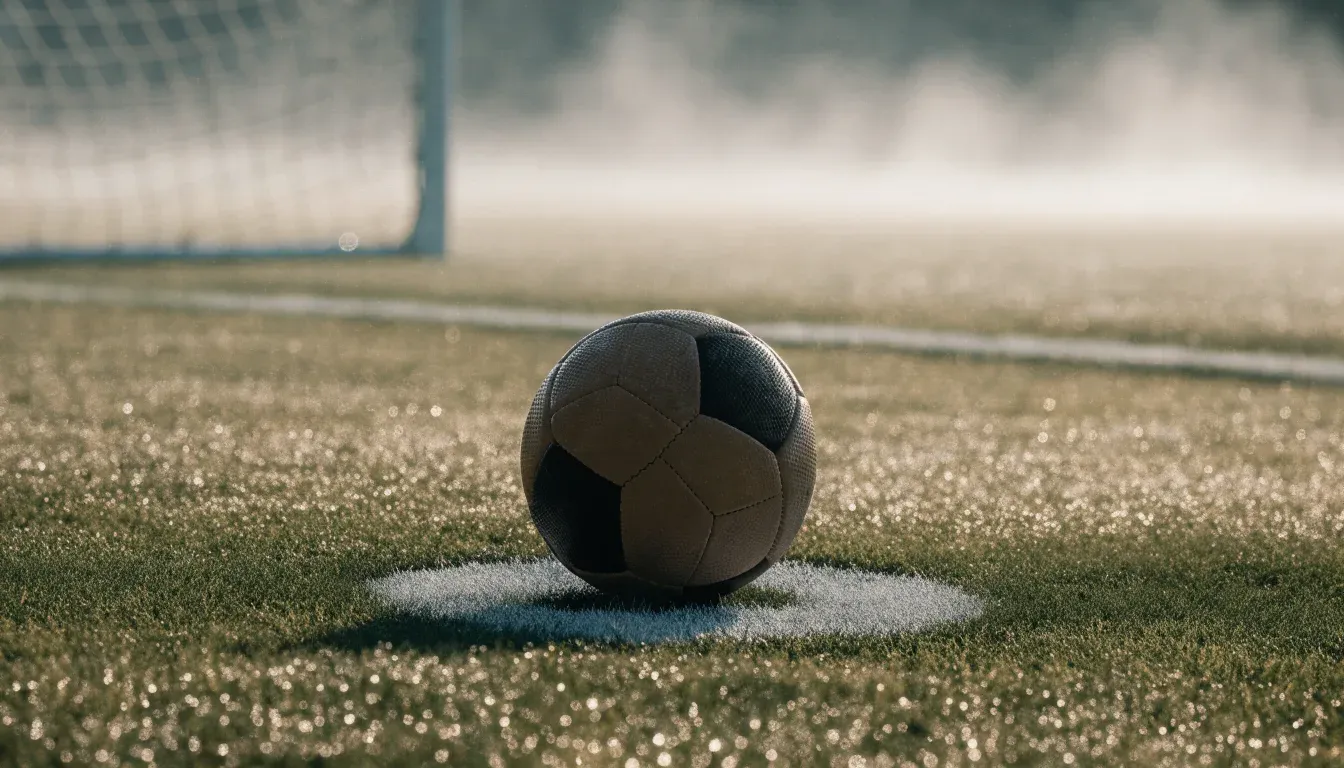 Ein Fußball liegt auf dem Anstoßpunkt eines leeren Rasenplatzes im Morgennebel.