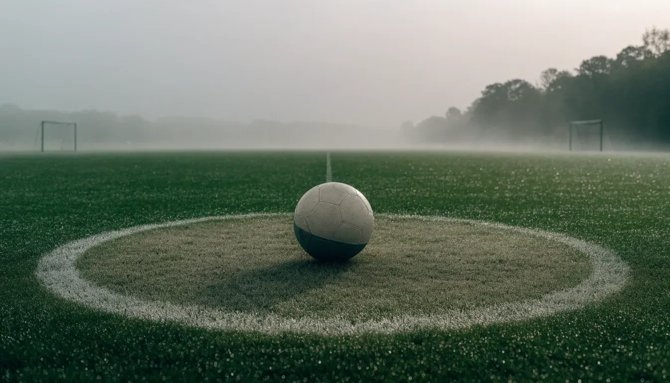 Ein Fußball liegt auf dem Anstoßpunkt eines leeren Rasenplatzes im Morgennebel.