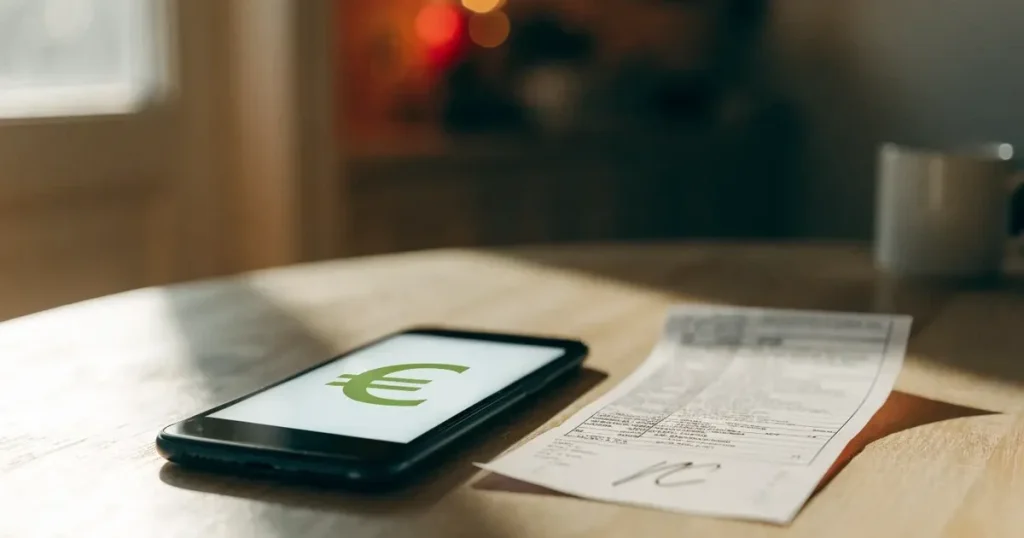 Ein Smartphone mit dunklem Display liegt auf einem hellen Tisch neben einem Schlüsselbund, Tageslicht fällt von der Seite ein.