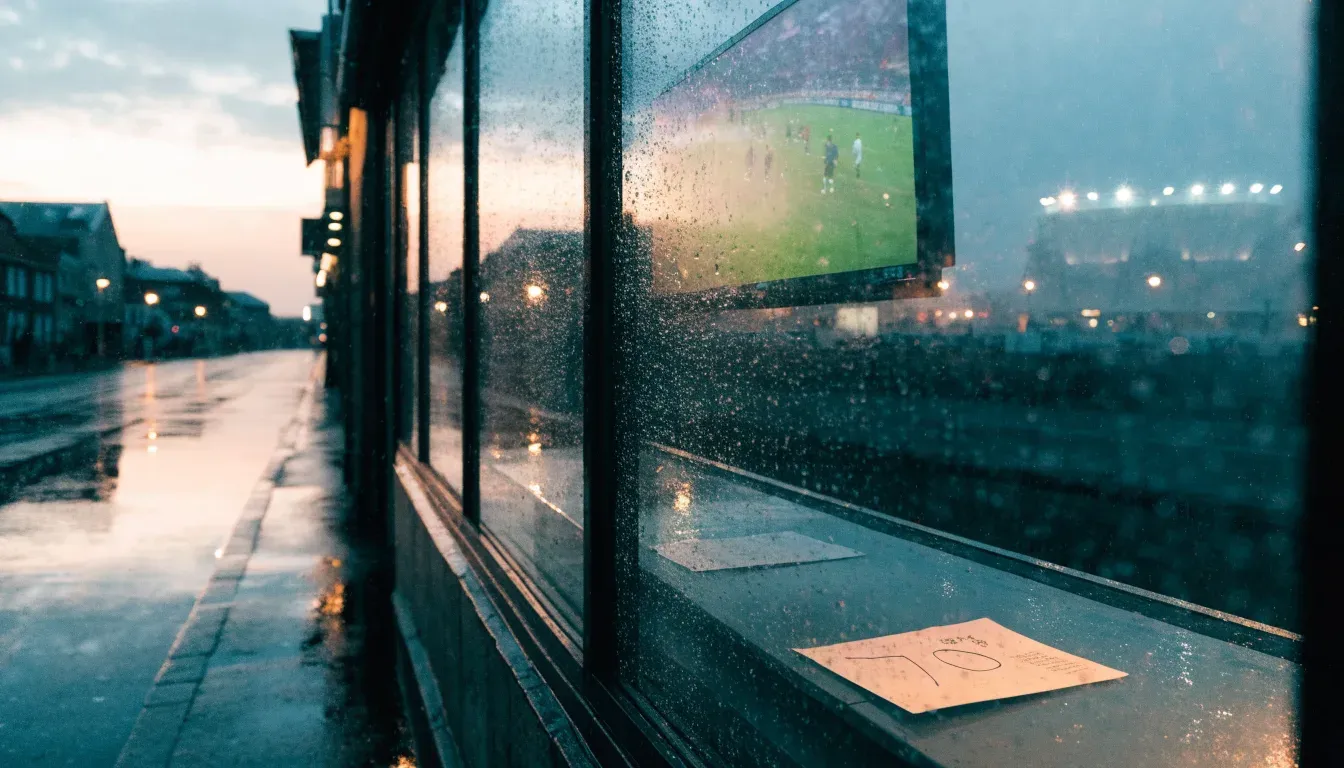 Ein Stadion unter Flutlicht aus großer Entfernung gesehen, davor eine regennasse Straße in der Dämmerung.