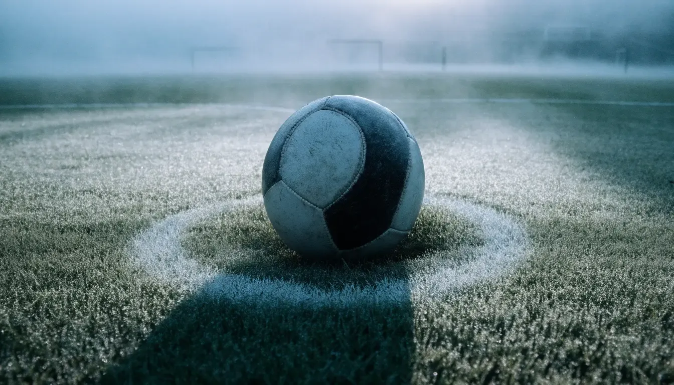Ein Fußball liegt auf dem Anstoßpunkt eines leeren Rasenplatzes im Morgennebel.