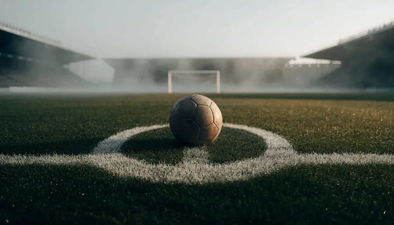 Ein Fußball liegt auf dem Anstoßpunkt eines leeren Rasenplatzes im Morgennebel.