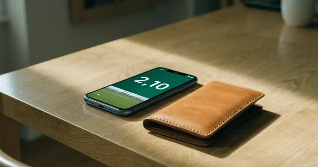 Ein Portemonnaie aus Leder liegt geschlossen auf einem hellen Holztisch neben einem Smartphone mit dunklem Display.
