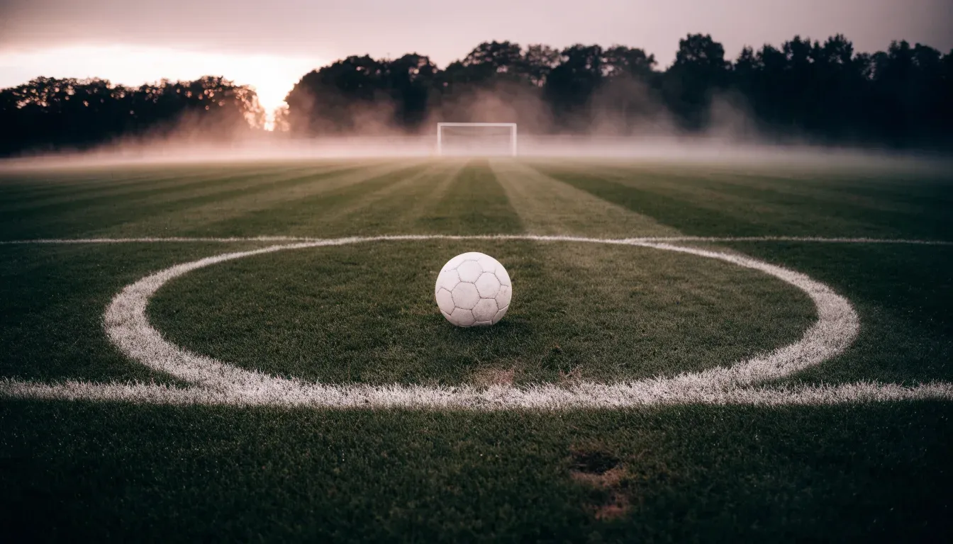 Ein Fußball liegt auf dem Anstoßpunkt eines leeren Rasenplatzes im Morgennebel.