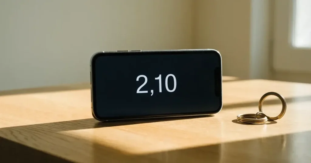 Ein Smartphone mit dunklem Display liegt auf einem hellen Tisch neben einem Schlüsselbund, Tageslicht fällt von der Seite ein.