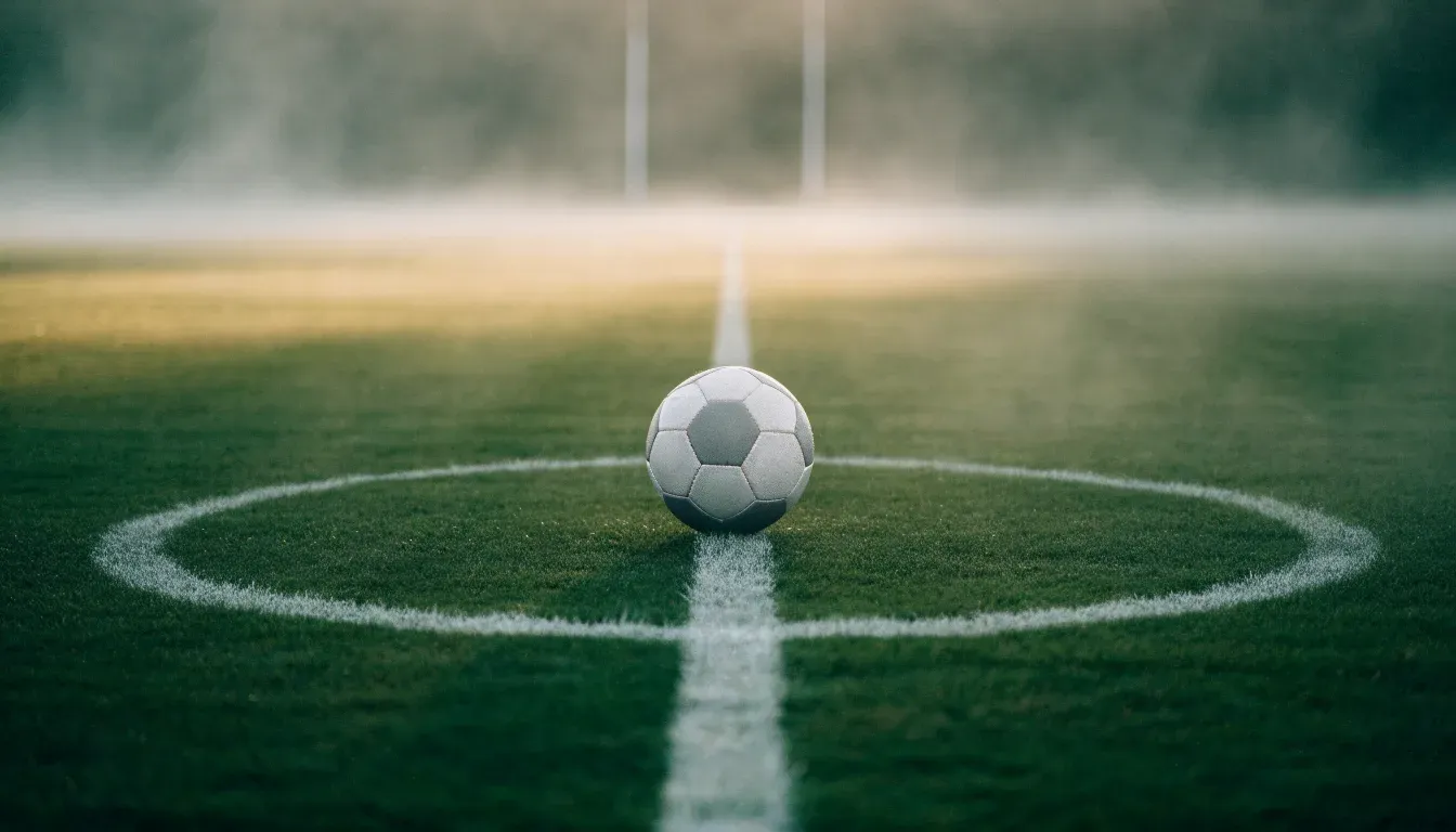 Ein Fußball liegt auf dem Anstoßpunkt eines leeren Rasenplatzes im Morgennebel.