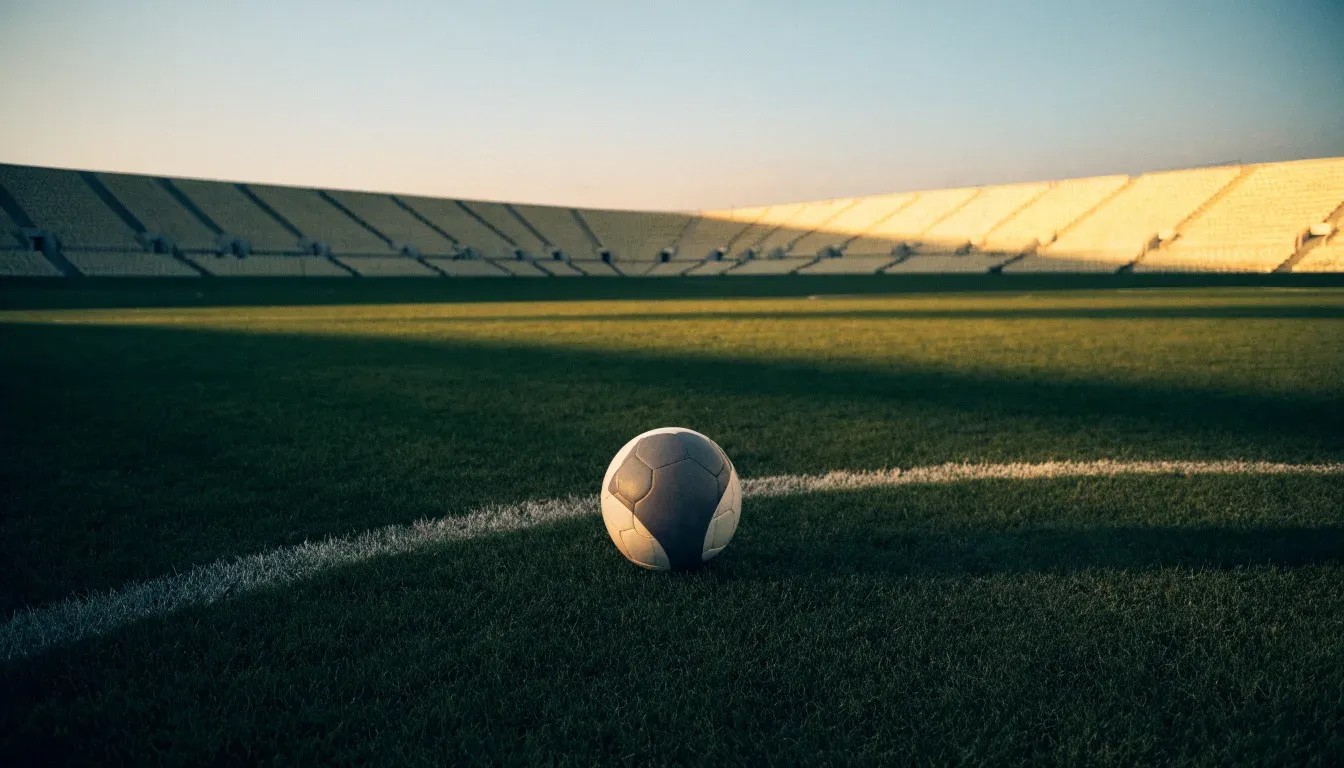 Ein Fußball liegt auf dem Anstoßpunkt eines leeren Rasenplatzes, im Hintergrund eine menschenleere Tribüne im weichen Abendlicht.