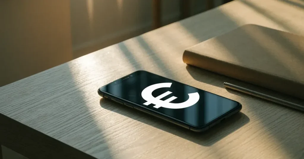 Ein Smartphone mit dunklem Display liegt neben einem Notizbuch und ein paar Euro-Münzen auf einem hellen Holztisch im Morgenlicht.