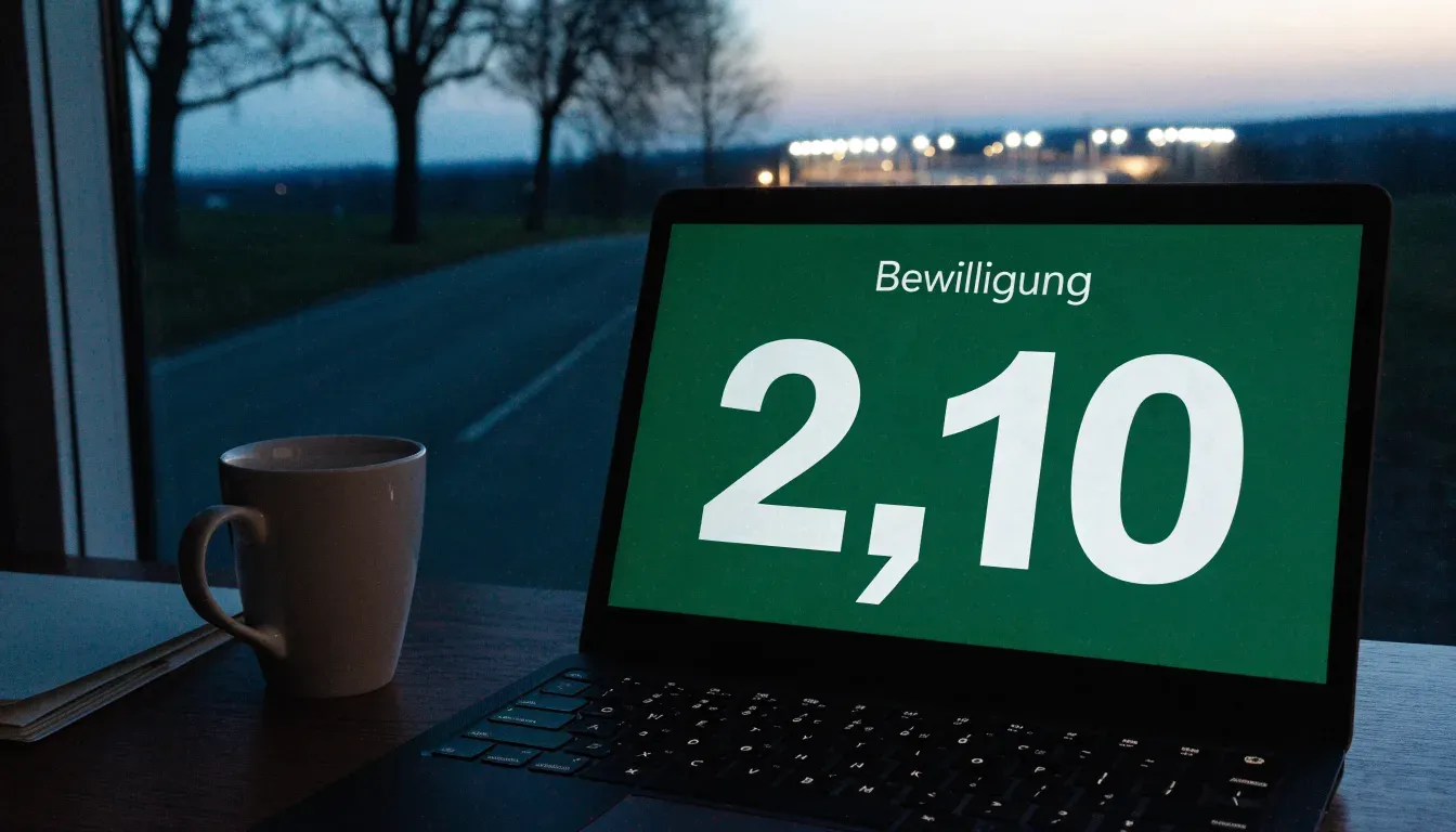 Ein Stadion unter Flutlicht aus großer Entfernung gesehen, davor eine dunkle Landstraße und einzelne Bäume in der Dämmerung.