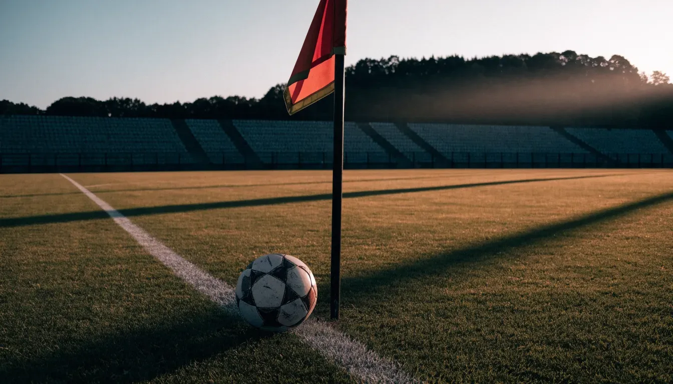 Ein Fußball liegt auf dem Rasen neben der Eckfahne eines leeren Platzes, dahinter eine Tribüne im Abendlicht.