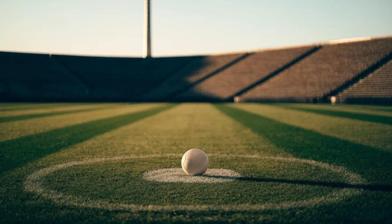 Ein Fußball liegt auf dem Anstoßpunkt eines leeren Rasenplatzes, im Hintergrund eine menschenleere Tribüne in weichem Licht.
