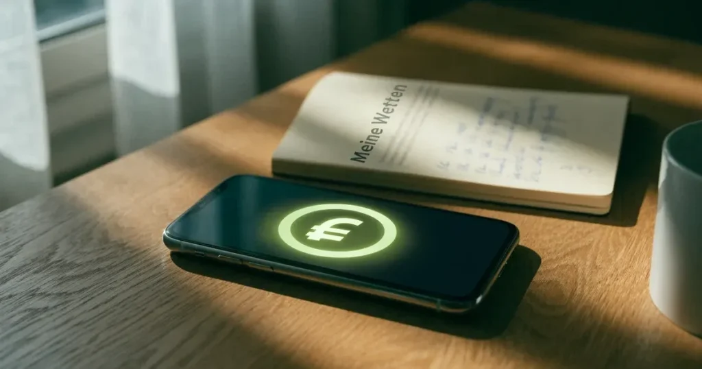 Ein Smartphone mit dunklem Display liegt auf einem Holztisch neben einem Notizbuch, durch das Fenster fällt klares Morgenlicht.